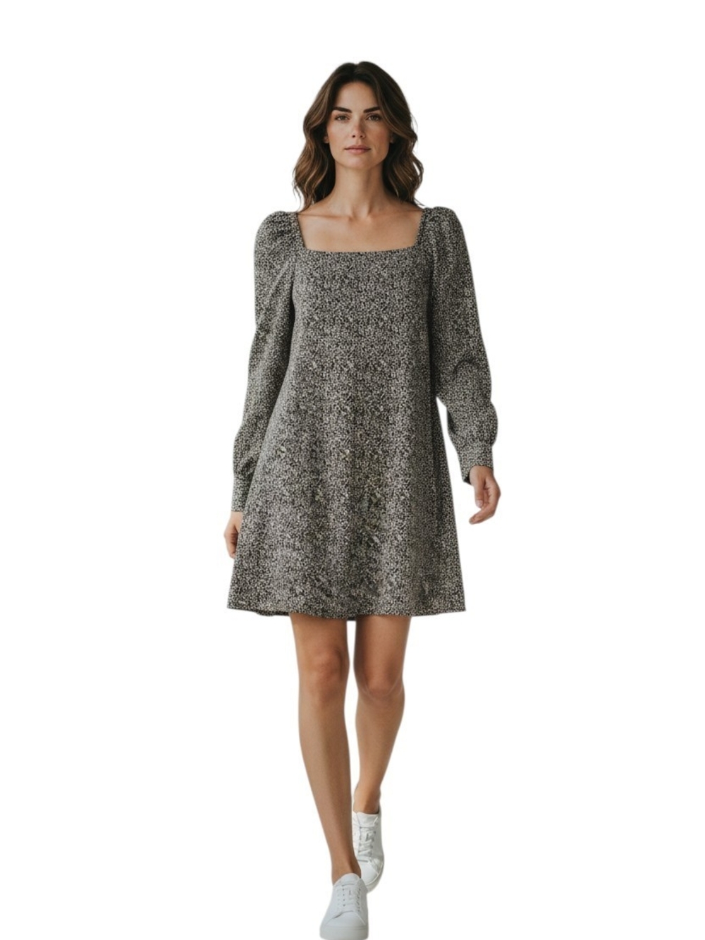 LOFT Black and White Square-Neck Long Sleeve Mini Dress Small